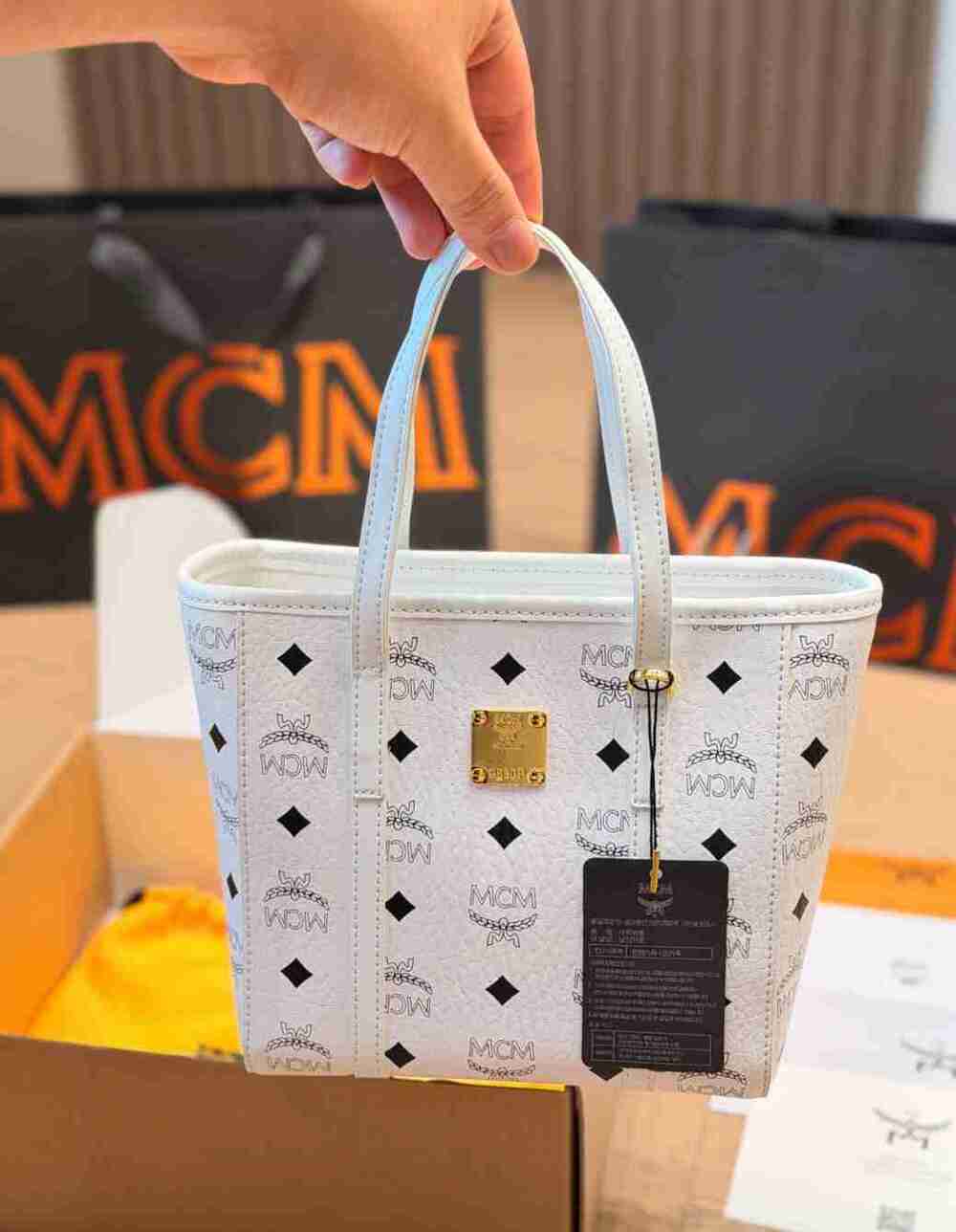 MCM 20cm White Visetos Mini Shopping Tote Bag with Detachable Strap